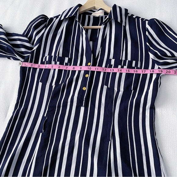 Navy Blue + White Vertical Stripe Shirtdress with Gold Buttons - Picture 4 of 11